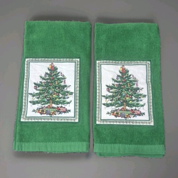 Set Of (2) Spode Appliqued  Christmas Tree  Kitchen Bathroom Hand Towels - Picture 1 of 8